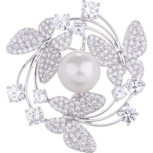 Copper Micro-inlay Zircon Freshwater Pearl Butterfly Flower CZ Brooch All-match Clothing Jewelry Accessories New Trendy Creative