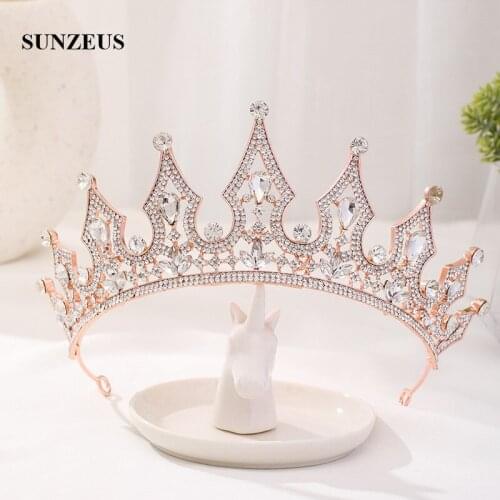 Rose Gold Metal with White Beaded Bling Bling Crown for Bridal Wedding Hair Jewelry Half Circle Headband HD35