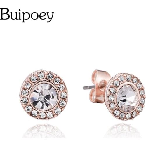 Buipoey Fashion Rose Gold Circle Crystal Earrings For Women Girl Original Lover Couple Fine Round Earrings Jewelry Birthday Gift