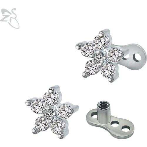 Trendy Flower Dermal Anchor Rhinestones Stainless Steel Pierced Tops Surface Skin Dermal Piercings Hide In Top Sexy Body Jewelry