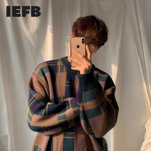 IEFB mens wear autumn winter thickened sweater Korean fashion color block patchwork plaid loose veintage kintted tops male 3242