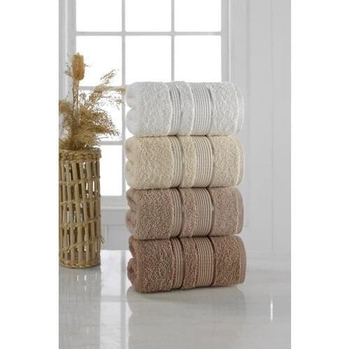 Soft Towel Set 4 Pcs Cotton Hand and Face Towels Brown Color 50 x 85 Cm Made in Turkey