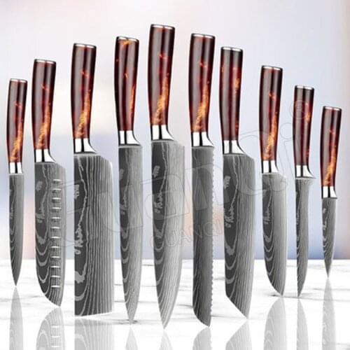 Damascus Steel Chef Knife Laser Damascus Pattern Stainless Steel Sharp Cleaver Slicing Utility Knives Kitchen Knife Set