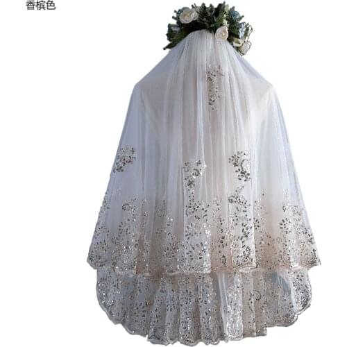 Simple 2 layers Short Sequins Wedding Veil Champagne Tulle Women Bridal Veil With Comb Wedding Accessories