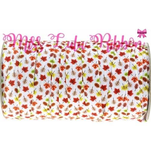 MD160628-22-4838 5/8"16mm Beautiful Maple Leaf Patterns Printed Ribbon Elastic Knot Hair Tie DIY Christmas Decoration 50 Yards