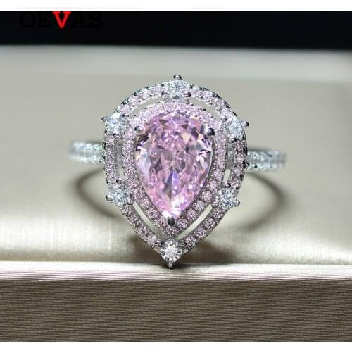 OEVAS Luxury 100% 925 Sterling Silver Pear Pink Sapphire Gemstone Wedding Engagement Diamonds Ring Fine Jewelry Gift Wholesale