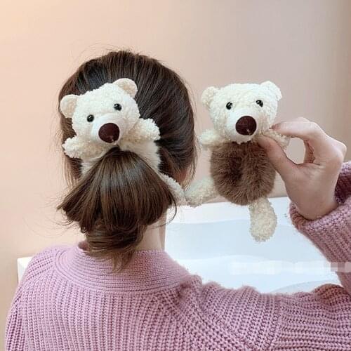 Net Celebrity Cute Bear Hug Little Bear Head Rope Tie Hair Rubber Band Set Plush Hair Ring Head Jewelry