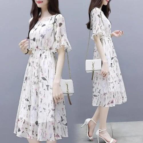 Summer Chiffon Dress Women Temperament Slim A-line Dresses Fashion Print Dress Summer Short Sleeve Slim Chiffon Dress Breathable