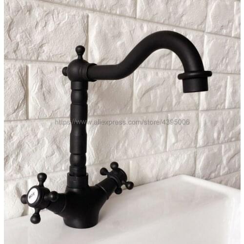 Basin Faucets Black Color Brass Bathroom Sink Faucet 360 Degree Swivel Spout Double Cross Handle Bath kitchen Mixer Taps Bnf342