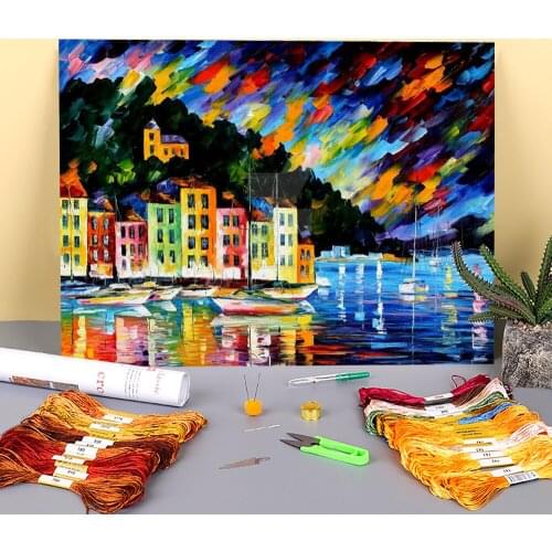 Portino Harbor Printed Fabric 11CT Cross Stitch DIY Embroidery Set DMC Threads Hobby Knitting Sewing Handicraft Different