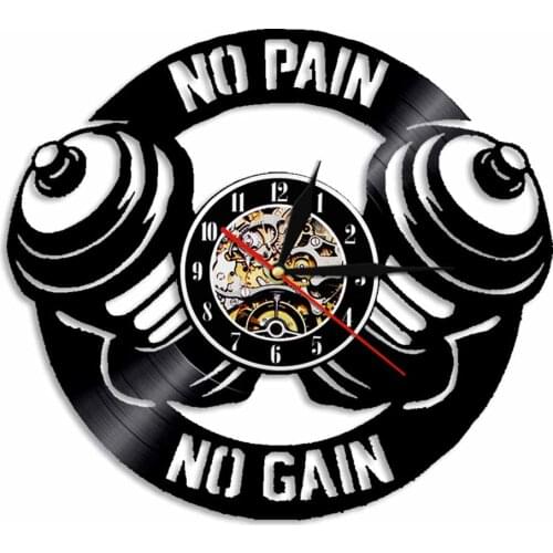 Workout Halter Wandklok Wall Clock No Pain No Gain Cross Fit Motivatie Gym Fitness Teken Muur Decor Vinyl Record Gift voor Hem