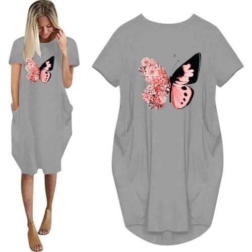 Lady Cartoon Butterfly Floral Print Women Summer Short Sleeve Dress With Pocket Ladies Fashion O Neck Tops Female T Shirt Dress