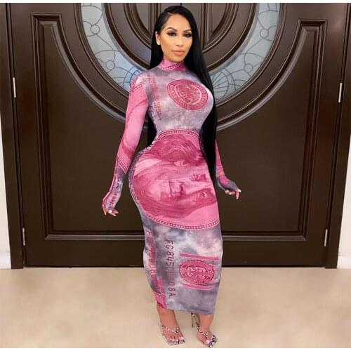 Ladies Tie-dyed Bodycon Dress Women Long Dress 2020 Womens High Waist Fashion Long Sleeve Print Free Shipping Plus Size Casual