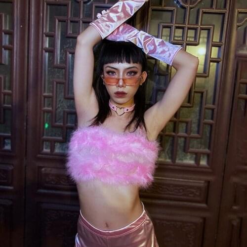 Women Sexy Pink Sexy Gogo Costume Cropped Top Jazz Dance Clothing Female Dj Costumes Nightclub Bar Ds Suit Rave Clothes XS2080