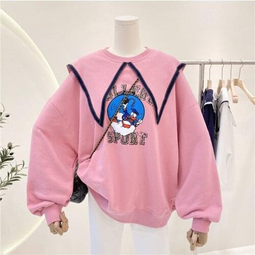 Female Sweatshirt 2021 New Spring Autumn College Style Navy Collar Cartoon Printed Loose Long Sleeve Students Hoodies Top Casual