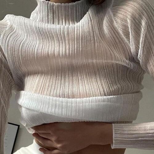 2021 Fall Elegant See Through Long Sleeve Mock Neck Women Tops Fashion Streetwear Sexy T-Shirts Tees Slim Clothes