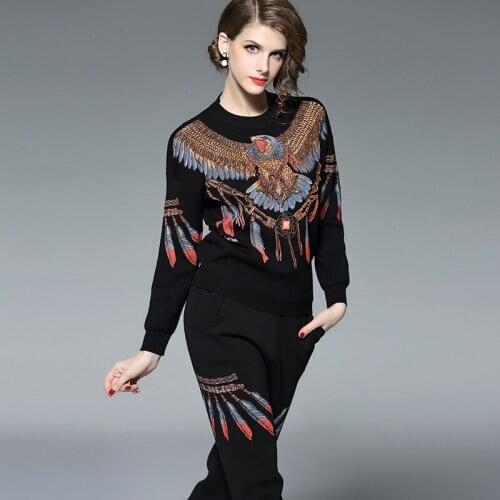 Eagle pattern rivet beading knit suits female heavy industry beading long sleeve sweater + pant two pieces sets wq1741 factory