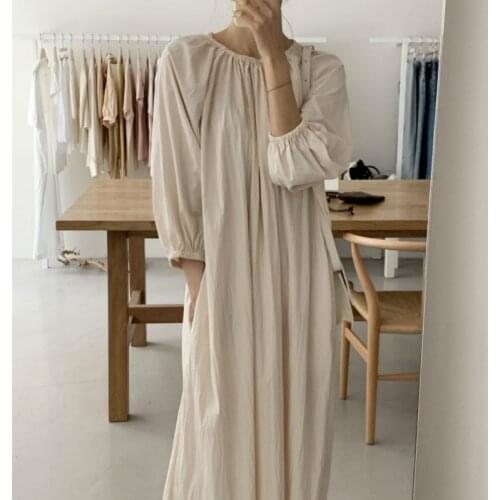 2020 Women Autumn Beige Loose Long Brief Folds Dress Three Quarter Sleeve Pullover Midi Dresses Elastic Round Neckline