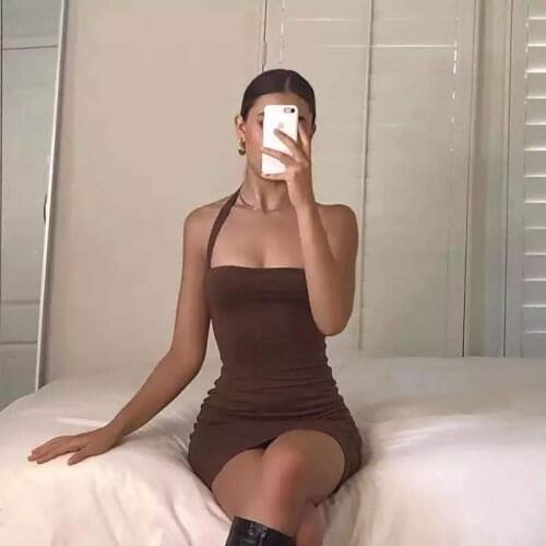 BaoZhuo White Sexy Dress Women 2021 Summer High Waist Luxury Party Elegant Sleeveless Vintage Halter Bodycon Mini Dress Clothing