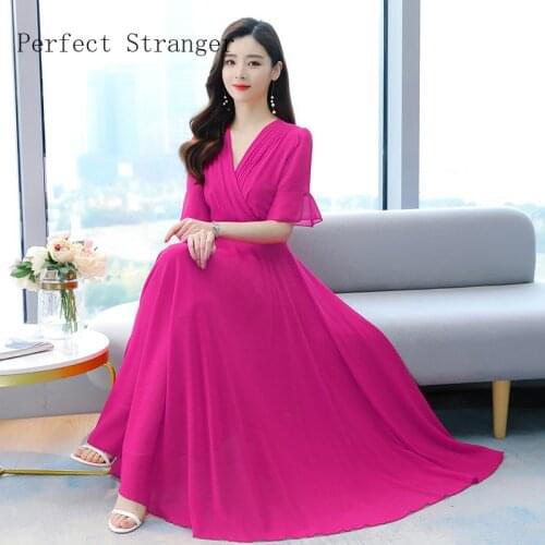 High Quality 2021 Summer Dress For Women V Collar Flare Sleeve Women Chiffon Long Dress M-4XL