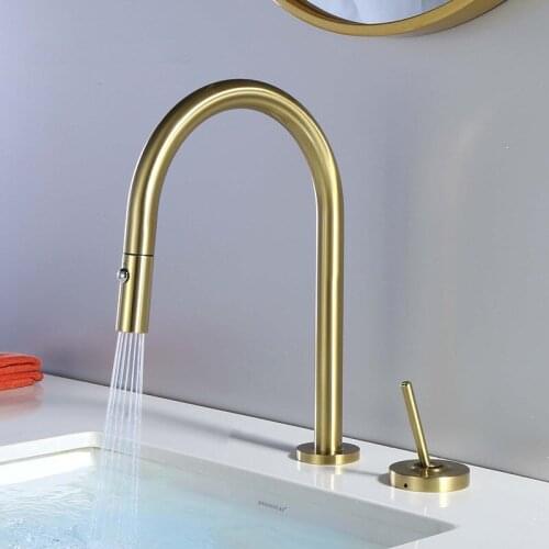 Brush Gold Bathroom Basin Faucet Lavatory Mixer Tap Brass Double Hole Pull Out Sink tap Brass sink faucet Brass