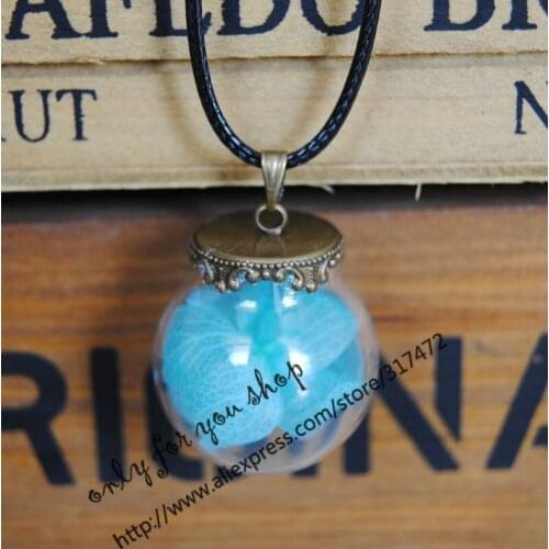 100pcs lobular hydrangea Flower Glass Vial Glass Bubble Pendant Necklace Leather cord necklace 25x15mm glass(finished necklace)
