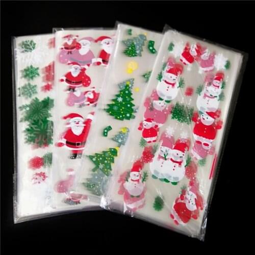 100PCS Christmas Cookie Candy Dragee Package Self Adhesive OPP Gifts Bag New Year 2021 for Noel Home Party Packing Decoration