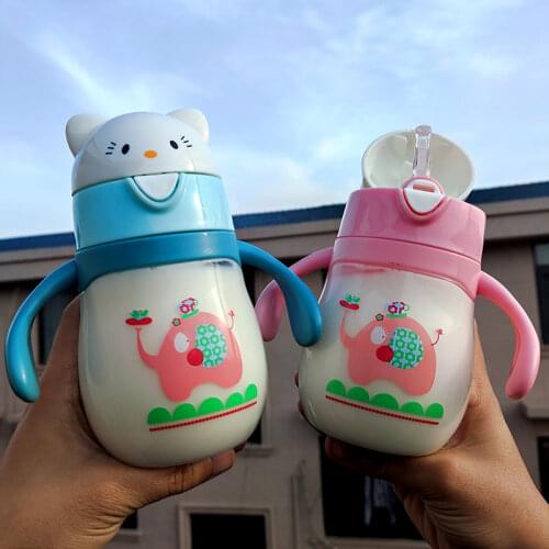 280ml Cute Rabbite Baby Water Bottle with Straw Children Learn Feeding Drinking Handle Bottle Kids Water Bottles Training Cup