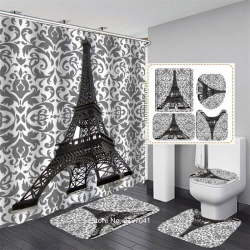 3-4 Pieces Bathroom Set Romantic Eiffel Tower Waterproof Shower Curtain Bathroom Non-slip Carpet Set Toilet Cover Cushion