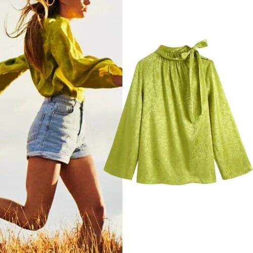 TRAF Women Blouse Za Yellow Satin Top Female Jacquard High Neck Elegant Woman Top Autumn 2021 Fashion Tied Long Sleeve Blouse