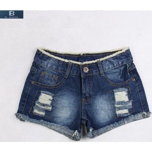 [EL BARCO] 2017 Hot Summer Women Denim Shorts Jeans Cotton High-Waist Zipper-Fly Sexy Ripped Hole Blue Lady Mini Casual Shorts