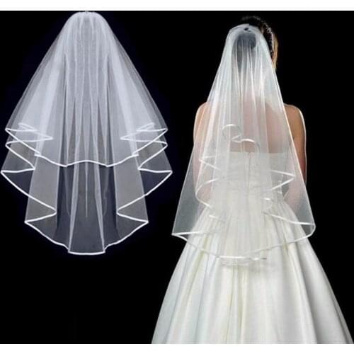 Wedding Simple Tulle White Color Two Layers Bridal Veil Ribbon Edge Cheap Bride Accessories Women