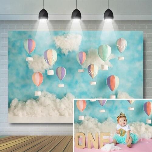 Cake Smash Photography Background Hot Air Balloon Theme Blue Sky White Clouds Kid 1st Birthday Party Backdrop Photo Studio
