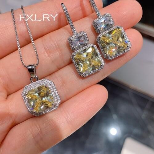 FXLRY Elegant Shining Classic Square Yellow Stone White Color Cubic Zirconia Necklace Earring Women Party Jewelry Sets