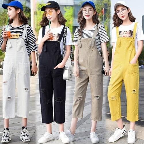 Hole Ripped Jeans Jumpsuits Womens Streetwear Strap Denim Overalls Female Suspenders Bodycon Romper Khaki Yellow Black White