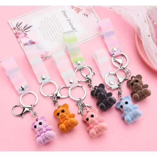 Creative Leather Rope Key Chain Cartoon Flocking Bear Keychains Men and Women Bag Pendant Car Key Ring Jewelry Gifts