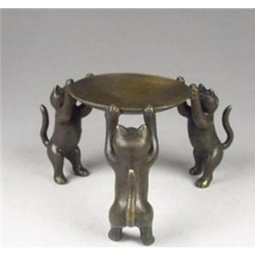 Copper Satue Chinese Bronze Plate Cats Animal 3 Cat oil lamp Candle Holder Candlestick statue