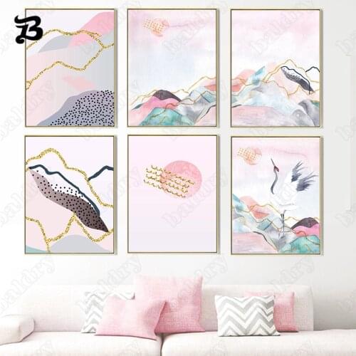Canvas Painting Landscape Art Mountain Crane Wall Art Abstract Modern Nordic Posters and Prints for Living Room Home Wall Decor