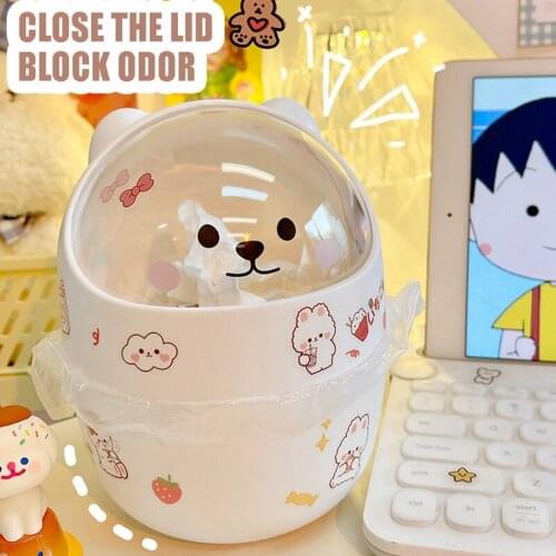 Desktop with Lid Trash Can Ins Mini Kawaii Cute Bear Trash Bin Storage Box Girl Pen Holder Storage Bucket with Flip Top