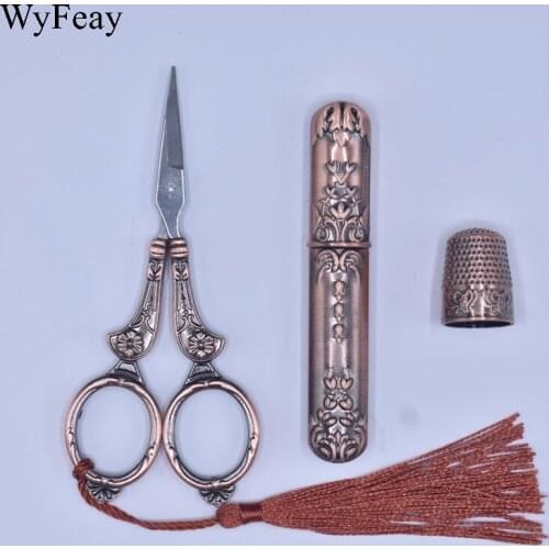 1Set Retro Vintage Scissors + Needle Storage Tube + Thimble Embroidery Fabric Tailor Scissors Zakka DIY Needlework Sewing Tools