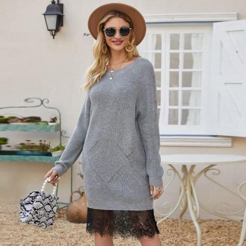 Foridol knitted lace sweater dress women casual long sleeve grey straight midi dress autumn winter basic dress vestidos