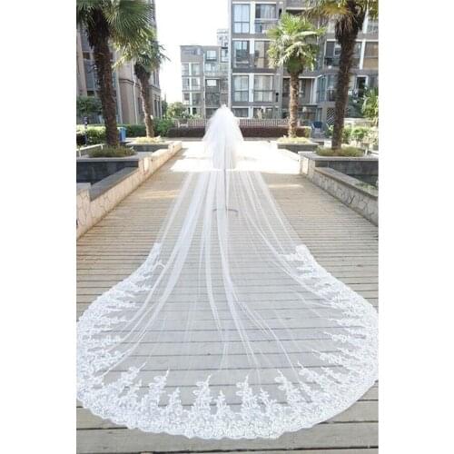 Real Images Bridal Veils Cathedral Length With Free Comb 3 M Long White Ivory Lace Appliques Crystal Wedding Veils