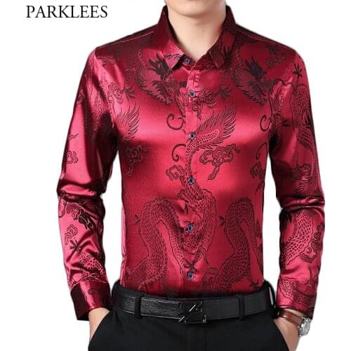Wine Red Smooth Silk Satin Shirt Men 2019 Chinese Dragon Jacquard Mens Slim Fit Long Sleeve Button Down Dress Shirts Chemise 4XL