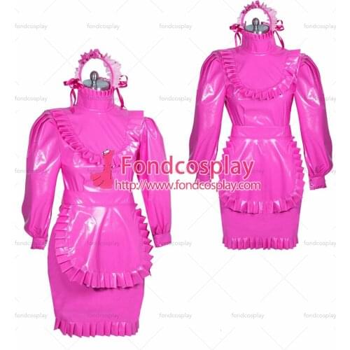 Fondcosplay adult sexy cross dressing sissy maid short French hot pink thin PVC dress lockable unisex Tailor-made[G3877]
