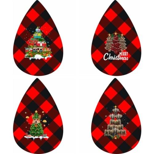 28 Color Diy Teardrop Earrings Jewelry Christmas Tree Faux Leather Grinch With Hat Santa Black Red Buffalo Plaid Pattern Leaf