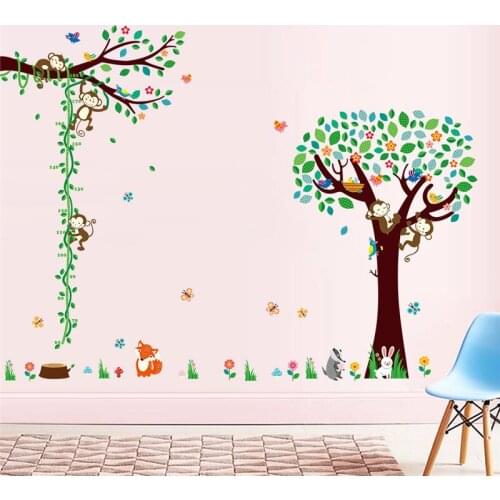 3 styles modern cartoon children height Measure wall stickers green tree Vines branches monkey bird butterfly flower home decor