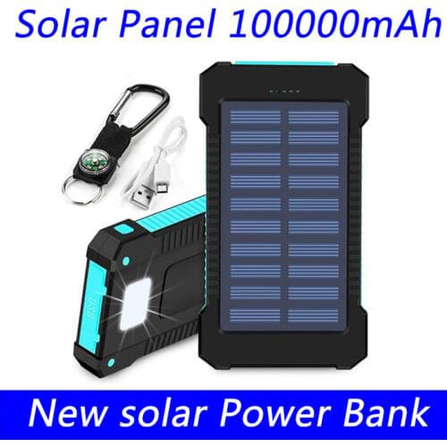 New Solar panel Power Bank 100000mAh compass outdoor waterproof belt wireless charging super fast multifunctional power bank