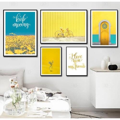 Yellow Building Landscape Art Canvas Painting Print and Poster Bicycle Wall Pictures for Living Room Modern Home Decor Kl102