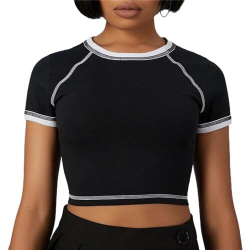2021 Fashion Trend Women Casual Close-fitting T-shirt Black Sexy Round Collar Short Sleeve Crop Tops Summer Skinny Daily Tees