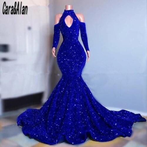 Cara&Alan Royal Blue Mermiad Prom Dress Long Sleeves High Neck Sweep Vestidos De Fiesta 2021 Sequin Celebrity Party Gowns